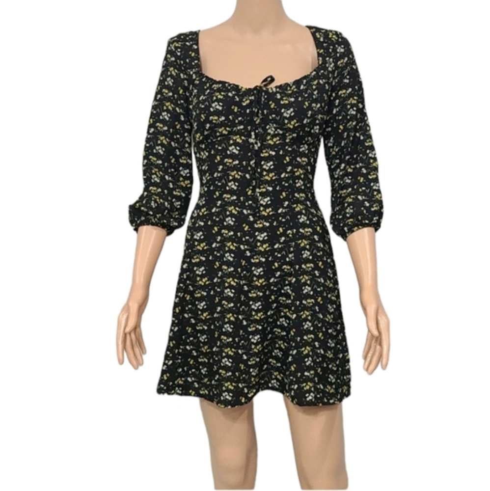 Purple Snow Size Small Floral Dress Green Scoop Neck 3/4 Sleeves Tie Front